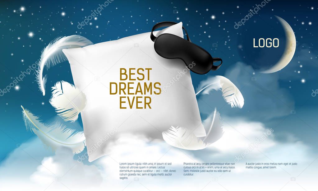 Vector illustration with realistic 3d square pillow with blindfold on it for the best dreams ever, comfortable sleep. Relaxation, sleeping concept.