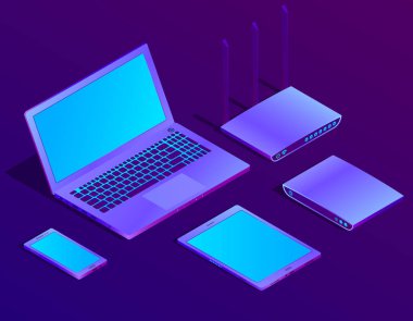 3D izometrik dizüstü bilgisayar, yönlendirici wi-fi ile vektör