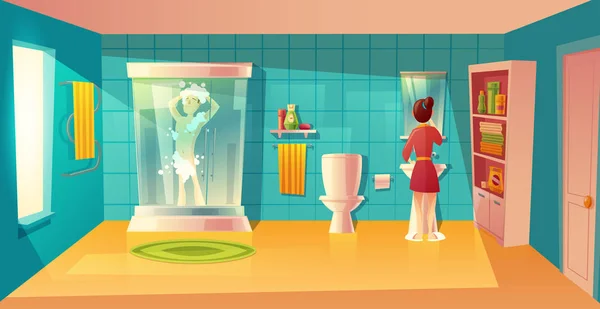 Intérieur de salle de bain vectoriel avec homme et femme — Image vectorielle
