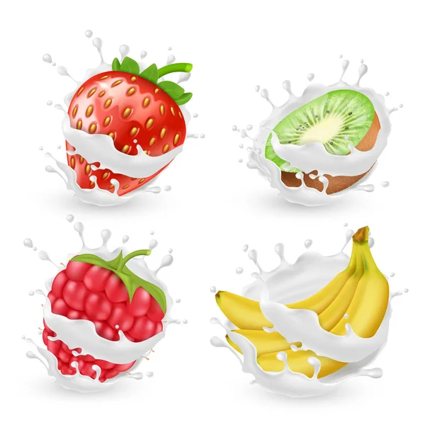 Conjunto vectorial de frutas y bayas en salpicaduras de leche — Vector de stock