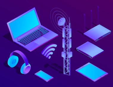 3D izometrik dizüstü bilgisayar, yönlendirici wi-fi ile vektör