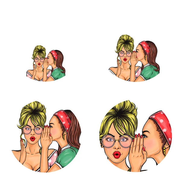 Vettoriale pop art social network avatar utente di donna che parla pettegolezzi di notizie nell'orecchio ragazza. Icone profilo schizzo retrò — Vettoriale Stock
