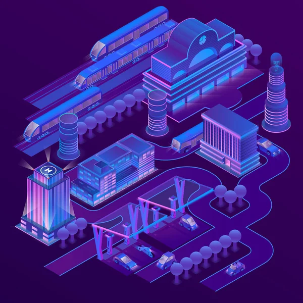 Ciudad isométrica vectorial en colores ultravioleta — Archivo Imágenes Vectoriales