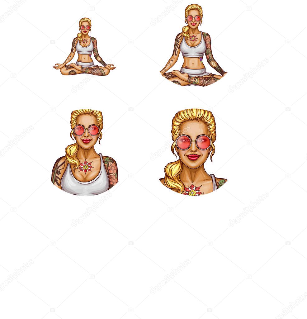 Vector avatar of tattooed girl doing yoga