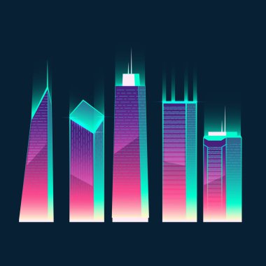 Vektör neon multistorey binalar, karikatür gökdelenler seti