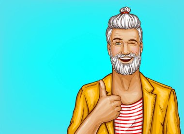 Pop art vector hipster winks and shows thumbs up clipart