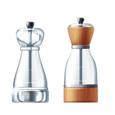 3D gerçekçi cam tuz shaker, peppermill vektör