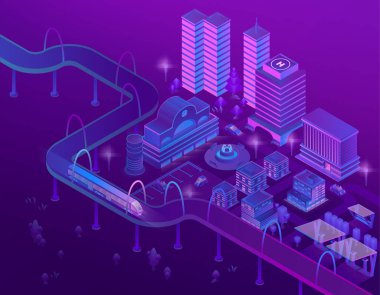 Megapolis gökdelenler ile de yol 3D izometrik tren vektör. Şehir mor renklerde araçlık otopark. Helikopter, ultraviyole ışık ile Köprü için yer ile binalar. Şehirde park.