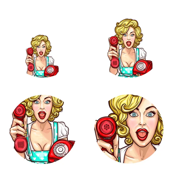 Pop art mujer o niña sosteniendo el receptor del teléfono vector aislado retro bosquejo iconos conjunto — Archivo Imágenes Vectoriales