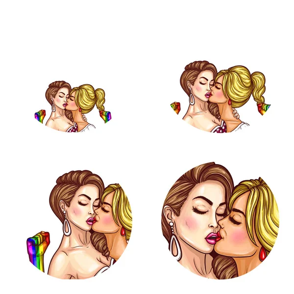 Pop mujer arte besar chica en los labios con la mano del arco iris hacia arriba. Vector lesbianas LGBT derechos aislados retro bosquejo iconos conjunto — Vector de stock