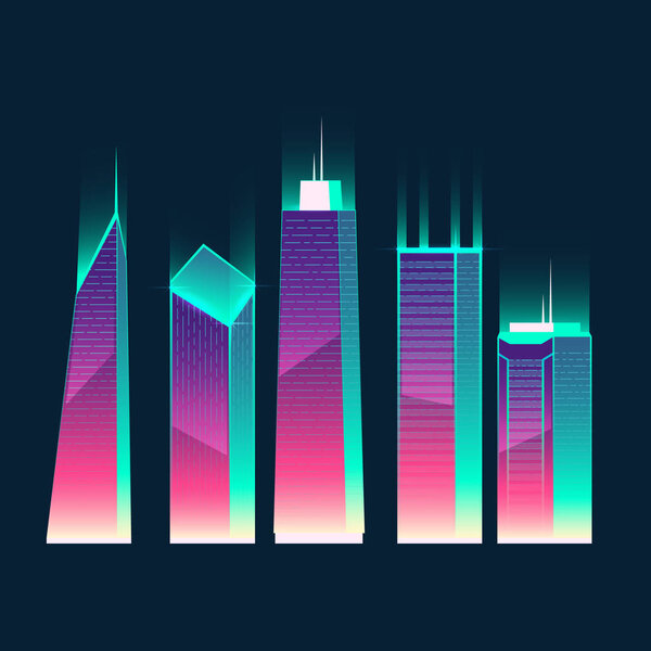 Vector neon multistorey buildings, cartoon skyscrapers set