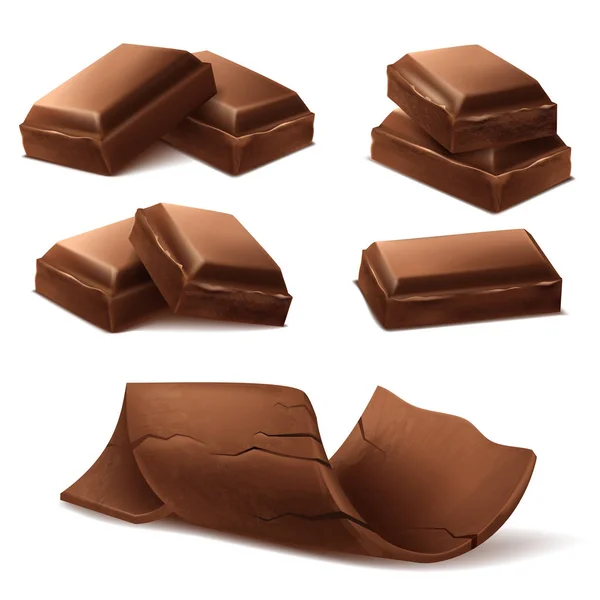 Vector 3d realistas barras de chocolate marrom, peças — Vetor de Stock