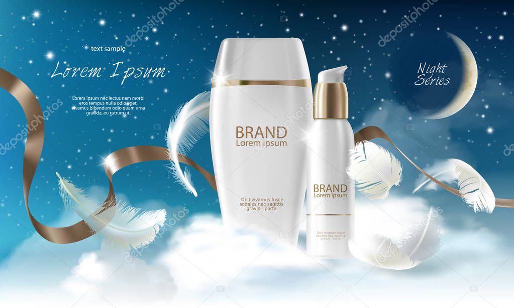 Skin care cream night series. Jar, spray, container with cosmetic cream on night background with clouds. Vector realistic 3d illustration