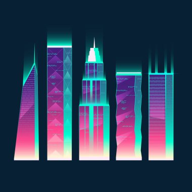 Vektör neon multistorey binalar, karikatür gökdelenler seti