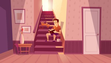 Vector interior with man, cat on stairs vector Vector interior with man, cat on stairs vector