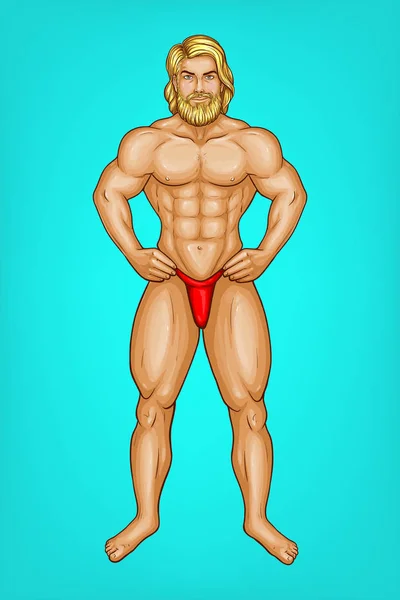 Vector pop art naked bearded athlete, sportsman — Stock Vector