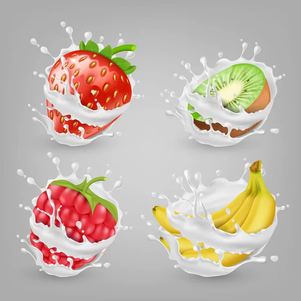 矢量3d 逼真的浆果, 牛奶中的水果 — 图库矢量图片