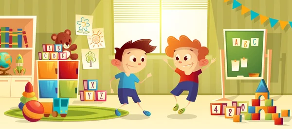 Vector desenho animado pré-escolar jardim de infância com meninos, brinquedos —  Vetores de Stock