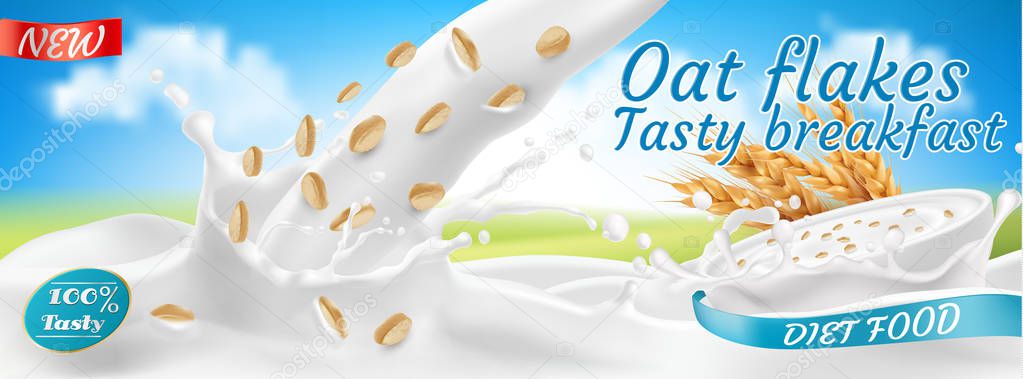 Vector 3d realistic oat flakes, package design