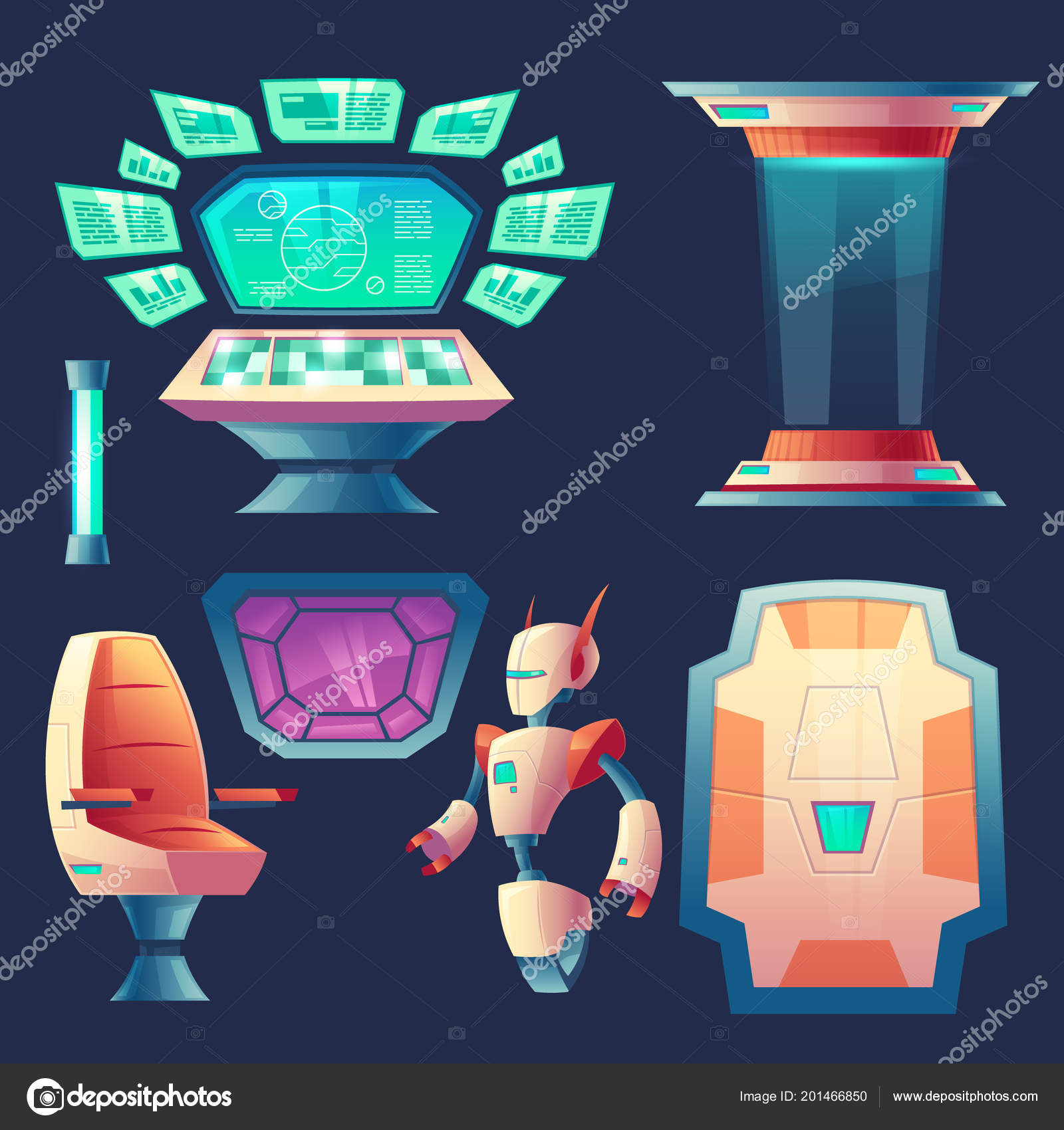 Vector Set Alien Spaceship Design Elements Control Panel