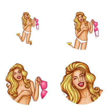 Pop sanat çıplak sarışın kız vektör avatar. Sohbet, blog öğesi ile palm, onun meme kapsayan kadın ile onun sutyen atlama tutar. Seksi genç kadın karakter beyaz daire içinde izole