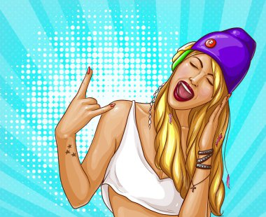 Pop art hippi kız kulaklık vektör çizim. Şapka ve kulaklık müzik dinleme ve kapalı gözler, parmak serin jest ve yıldız dövmesi ile yandan şarkı t-shirt, Sarışın genç kadın