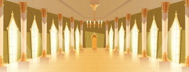 Balo salonu veya royal hall vektör Illustration giriş kapı görünümü. Çizgi film palace Oda veya mum avize ve altın veya mermer sütun sütun odası ve katta ışık yansıması ile windows