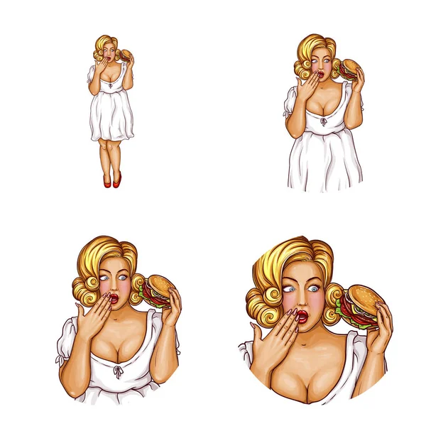 Vector Pop Art Avatar Mujer Rubia Obesa Sorprendida Con Hamburguesa — Archivo Imágenes Vectoriales