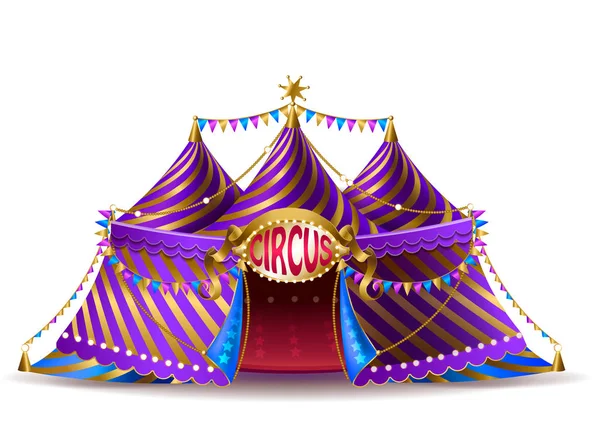 Векторная Реалистичная Полосатая Цирковая Палатка Флагами Освещенной Вывеской Спектаклей Изолированная — стоковый вектор