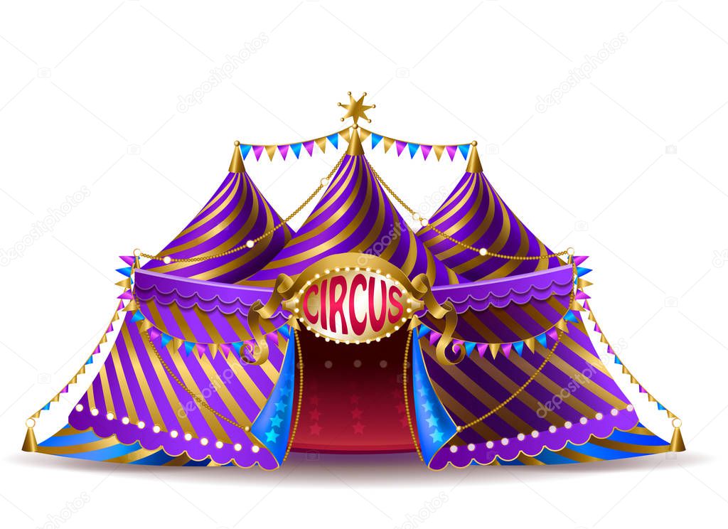 Vector 3d realistic striped circus tent with flags and illuminated signboard for performances, isolated on background. Empty purple marquee with open entrance for attractions and entertainments