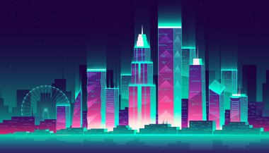 Vektör neon megapolis arka plan binalar, gökdelenler