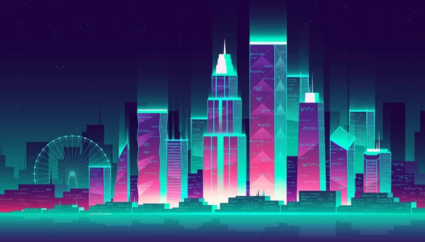 Vector neon megapolis fundo com edifícios, arranha-céus — Vetor de Stock