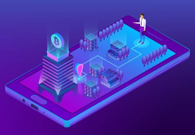 Bitcoin maden ile 3D izometrik kavramı vektör