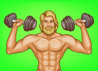 Vektör pop sanat güçlü adam dumbbells ile