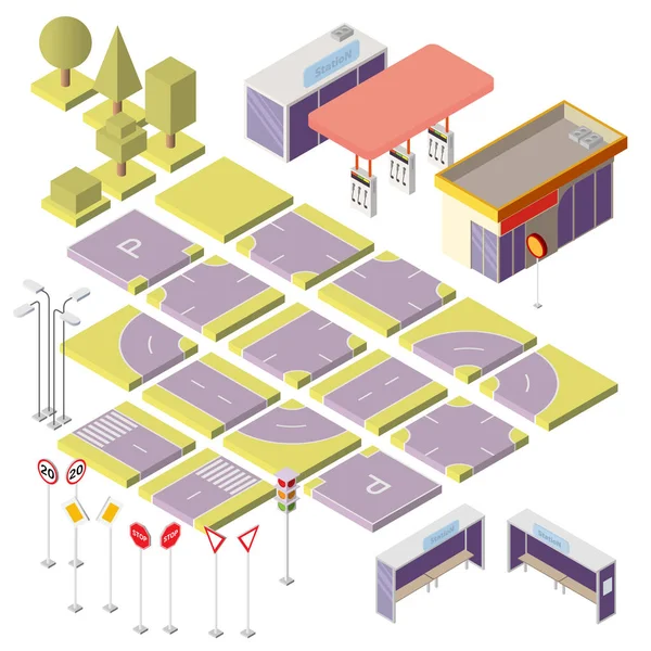 Vektor-isometrischer Stadtkonstruktor mit 3D-Elementen — Stockvektor