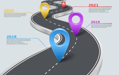 Infographic araba yol zaman çizelgesi işaretçilerle vektör