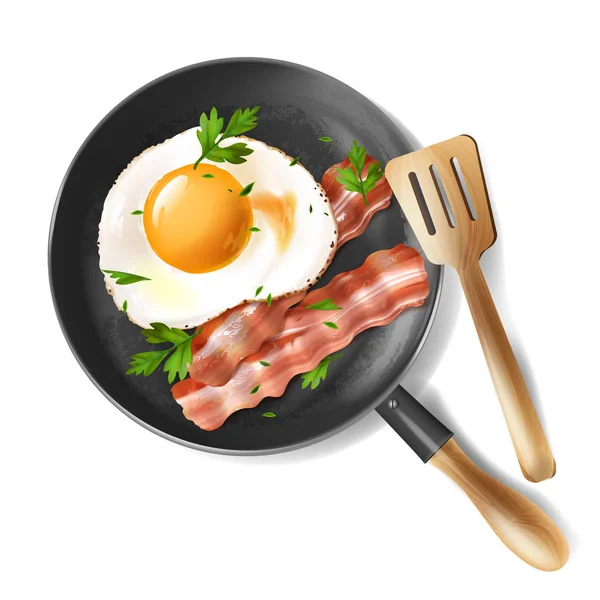 Huevos fritos vectoriales con tiras de tocino y perejil — Vector de stock