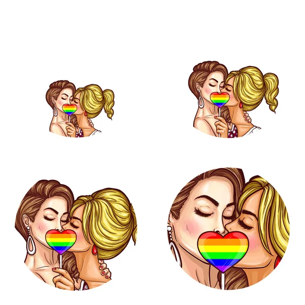 Pop art kvinnor kysser gömmer sig av rainbow hjärtat lollipop. Vector lesbisk homosexuellas rättigheter isolerade retro skiss ikoner set — Stock vektor