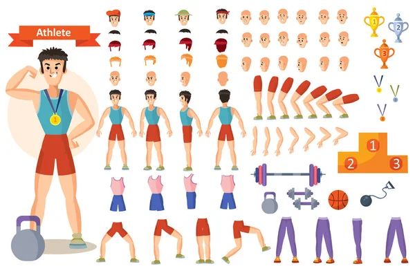 Athlete sportsman vector cartoon constructor of man character body parts and training poses isolated icons — Stock Vector