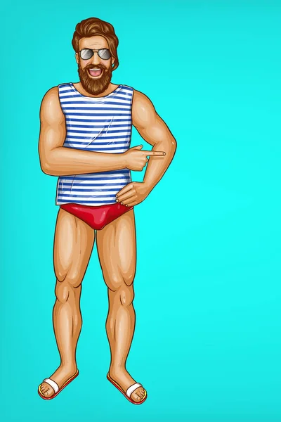 Vector bearded man smiling in swimming trunks — Stock Vector