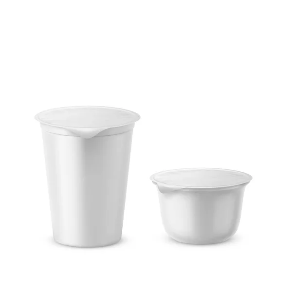 酸奶塑料矢量逼真的白色包装图, 带盖子的独立容器样机 — 图库矢量图片