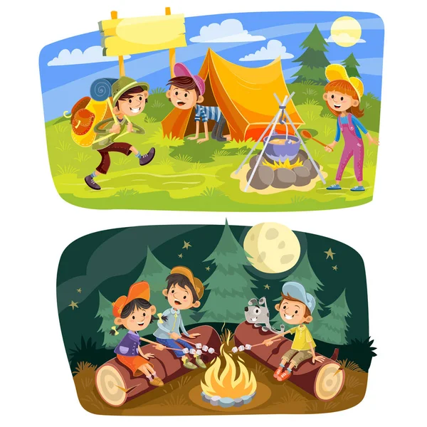 Kids summer camping vector concept illustration — Stock Vector