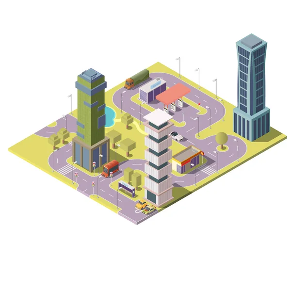 Vector 3d mapa isométrico de la ciudad con edificios — Vector de stock