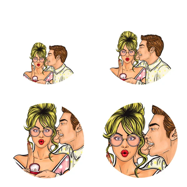 Vektör pop sanat sosyal ağ Kullanıcı avatarları evlenme teklifi kadın kulağına fısıldayan adam. Retro kroki profili simgeleri