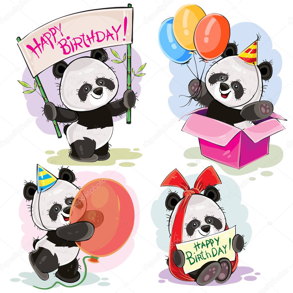 Happy birthday vector set with baby panda bears