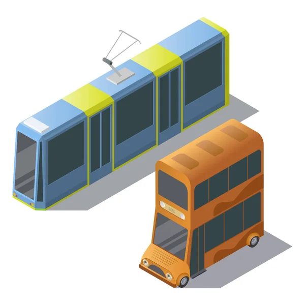 Vektor-isometrischer Doppeldeckerbus und Straßenbahn — Stockvektor