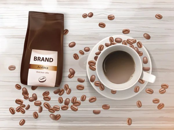 Vektor-Werbebanner mit Kaffeetasse und Bohnen — Stockvektor