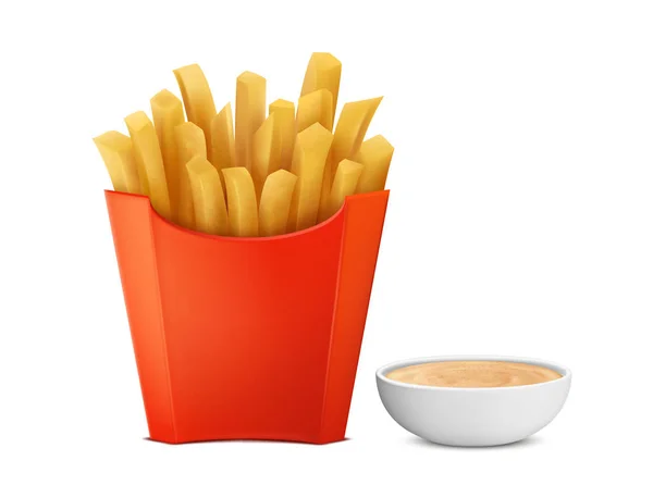 Vektör patates kızartması kağıt kutusunda, mayochup — Stok Vektör