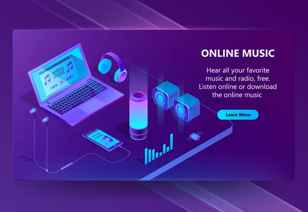 Vecteur de musique en ligne isométrique concept fond — Image vectorielle
