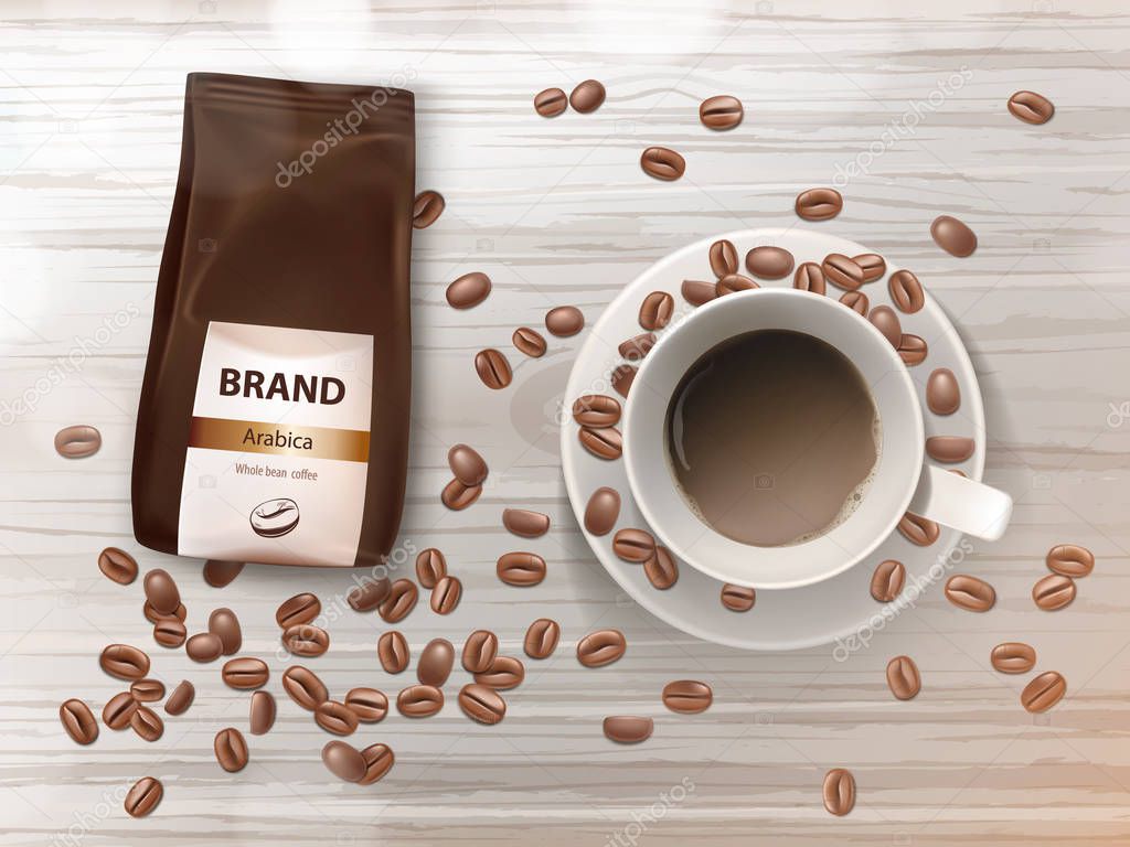 Vector promotion banner with coffee cup and beans